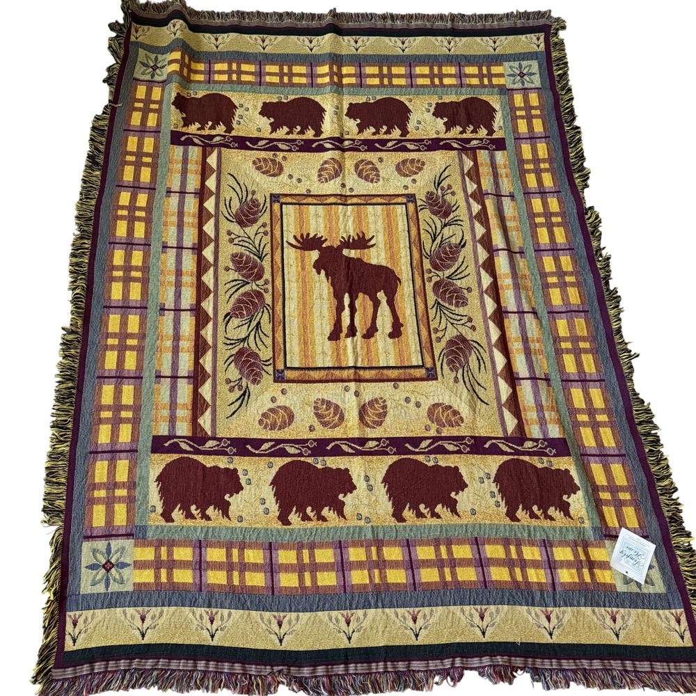 Simply Home Moose Bear Woven Tapestry Throw Blanket Cotton Lodge Cabin 51x71